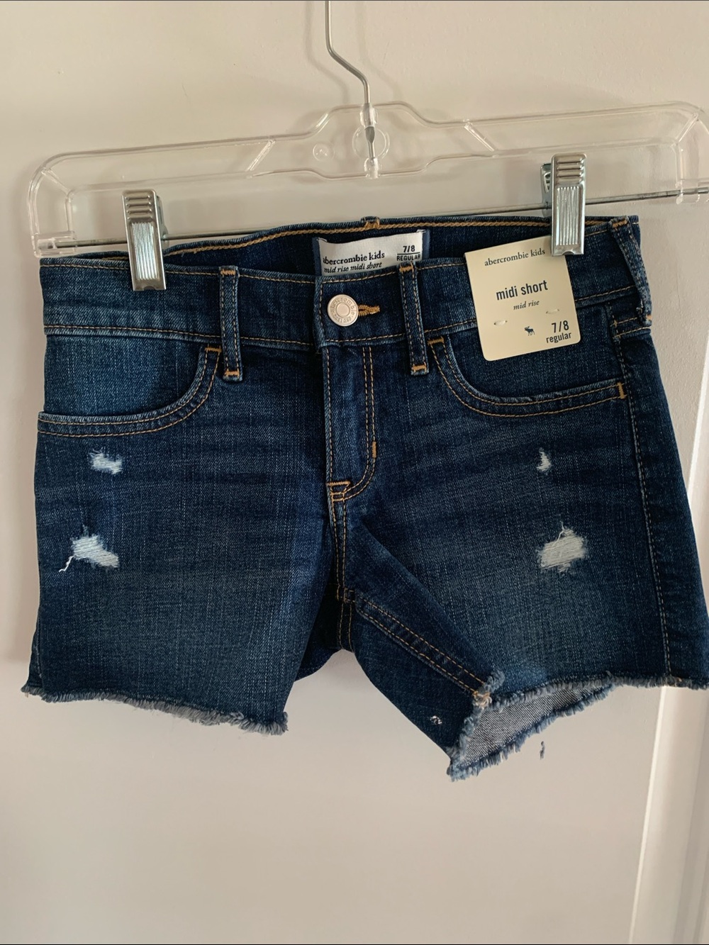 NWT abercrombie kids dark indigo distressed denim shorts